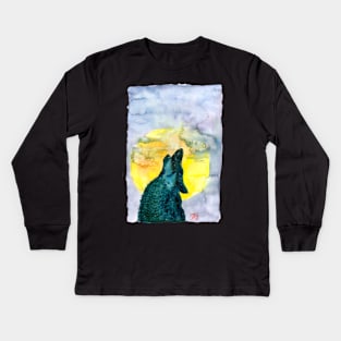 Howling wolf silhouette moon gallaxy watecolour illustration Kids Long Sleeve T-Shirt